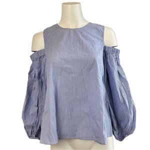 NWT Soloiste Pinstripe Balloon Sleeve Cold Shoulder Top Blouse Blue/White XS